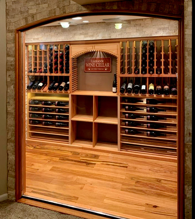 custom arched cabinet window fits into wine rack